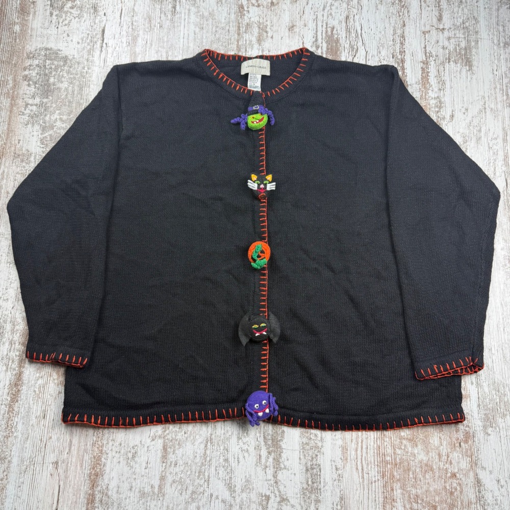 VTG Lemon Grass Halloween Cardigan Sweater Black 3D Character Buttons Size 2X